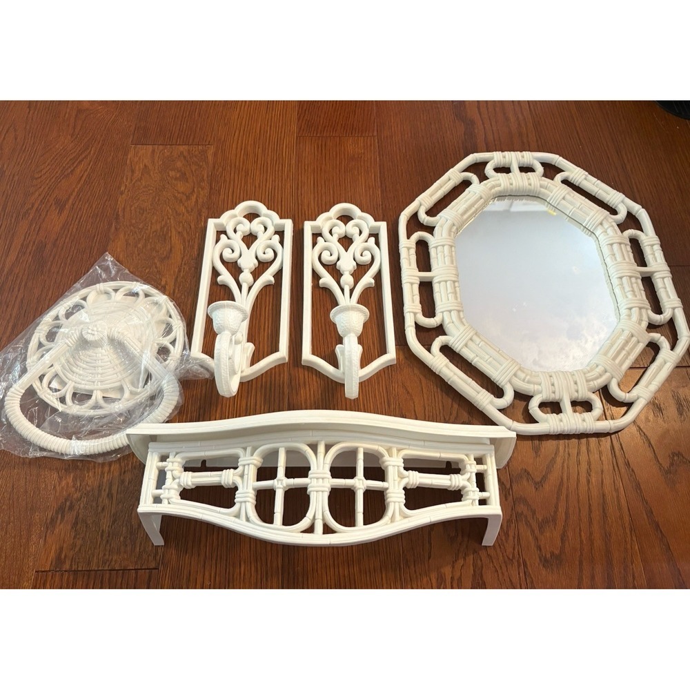 Homco Bathroom Wall Decor Set Faux Wicker Mirror Shelf Candle Towel Holder